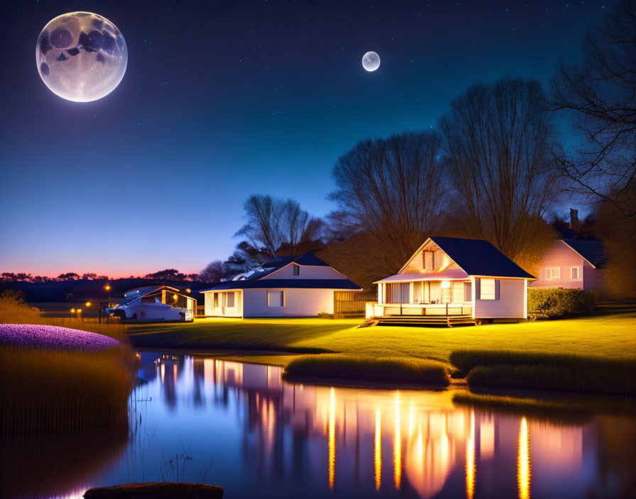 Tranquil lakeside scene with illuminated houses under a moonlit sky