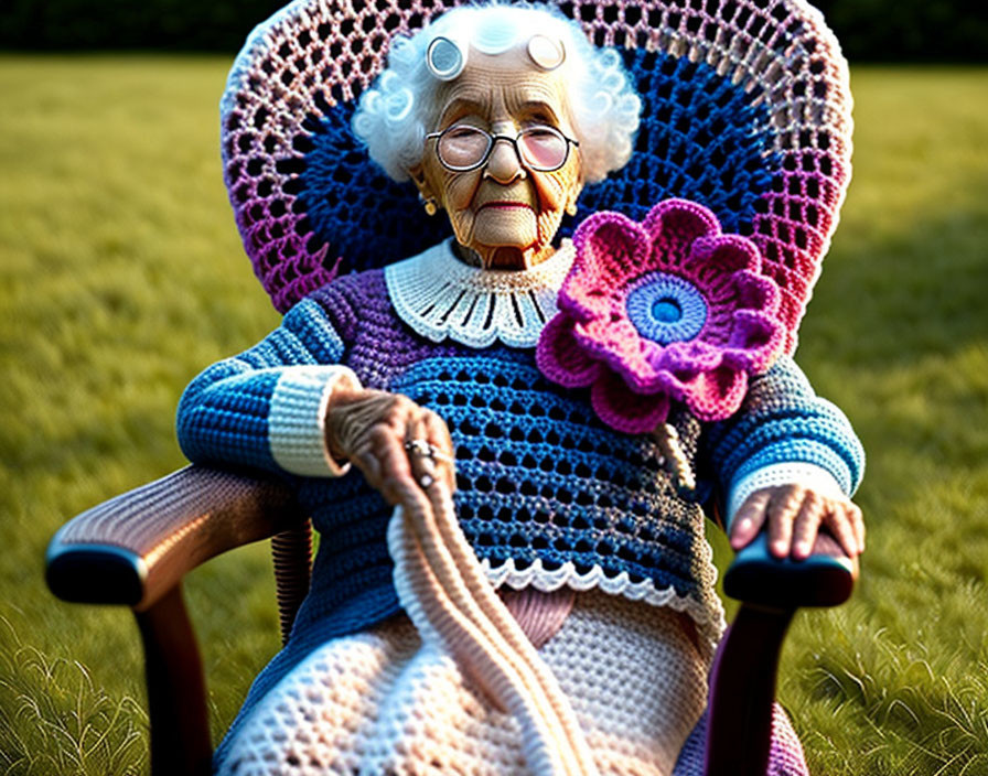 White-haired elderly woman in glasses with colorful crocheted blanket and shawl sitting in rocking chair