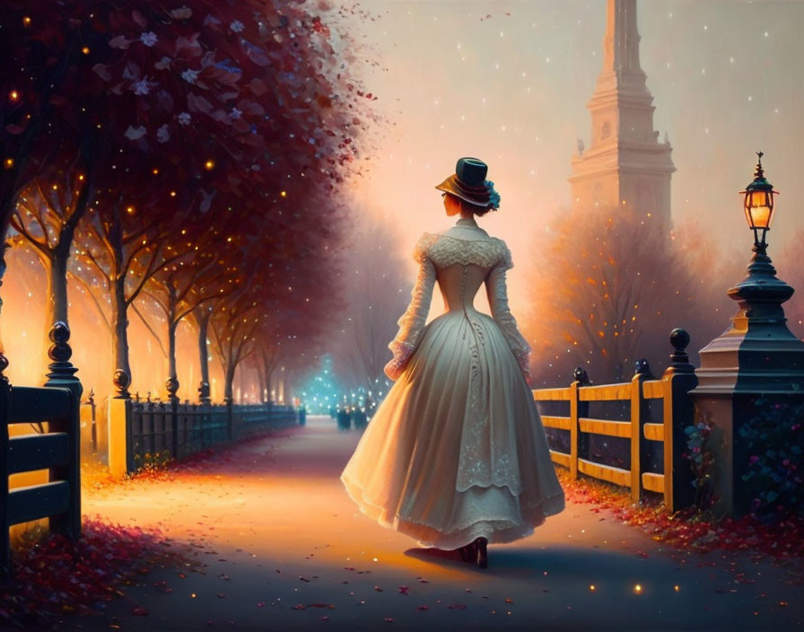 Woman in vintage dress strolls lantern-lit path at twilight