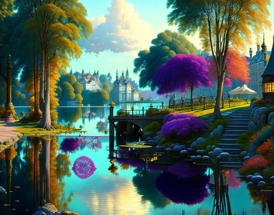 Colorful Trees, Tranquil Lake & Whimsical Architecture in Fantasy Landscape