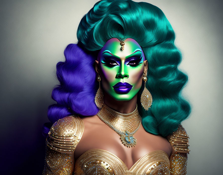 Vibrant teal and purple hair with dramatic makeup and golden outfit