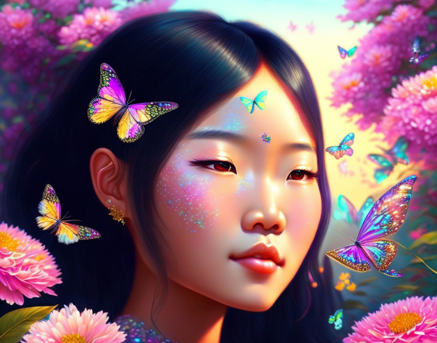 Serene girl with flowers and butterflies portrait