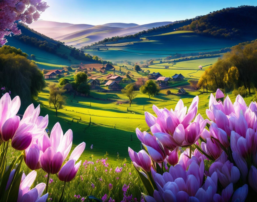 Scenic landscape with pink tulips, village, hills, and sunrise