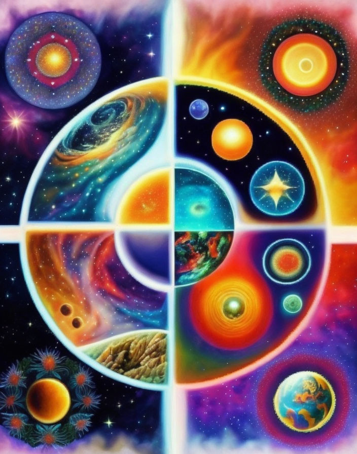 Colorful Cosmic Entities Collage: Galaxies, Stars, Planets, Nebulas