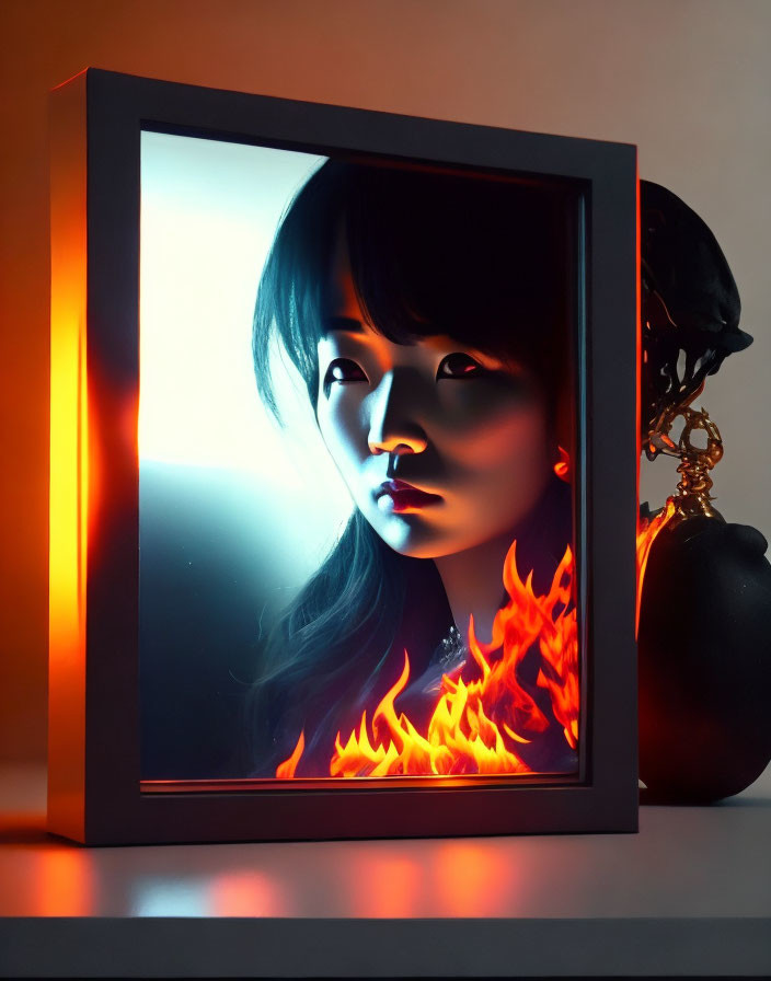 Backlit framed image of woman with fire graphics and black decorative object