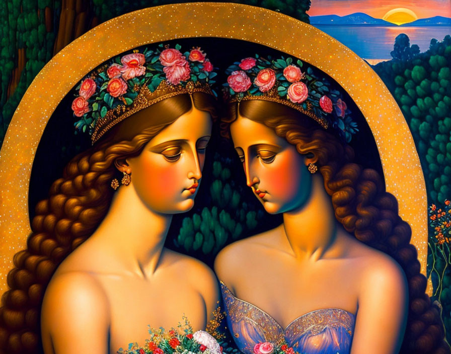 Two women with mirrored images in floral crowns and intricate dresses against a sunset backdrop.