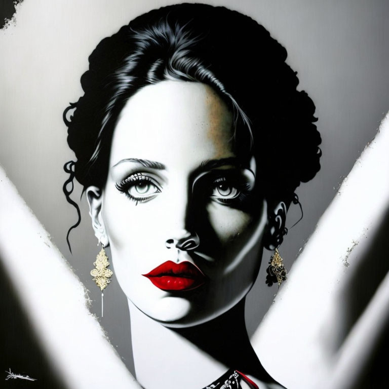 Monochromatic portrait of woman with red lips and intricate earrings