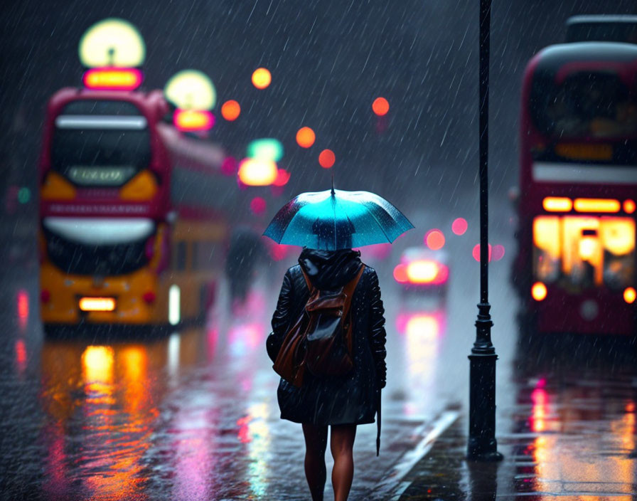 Pedestrian with umbrella and backpack in rainy city with red buses.