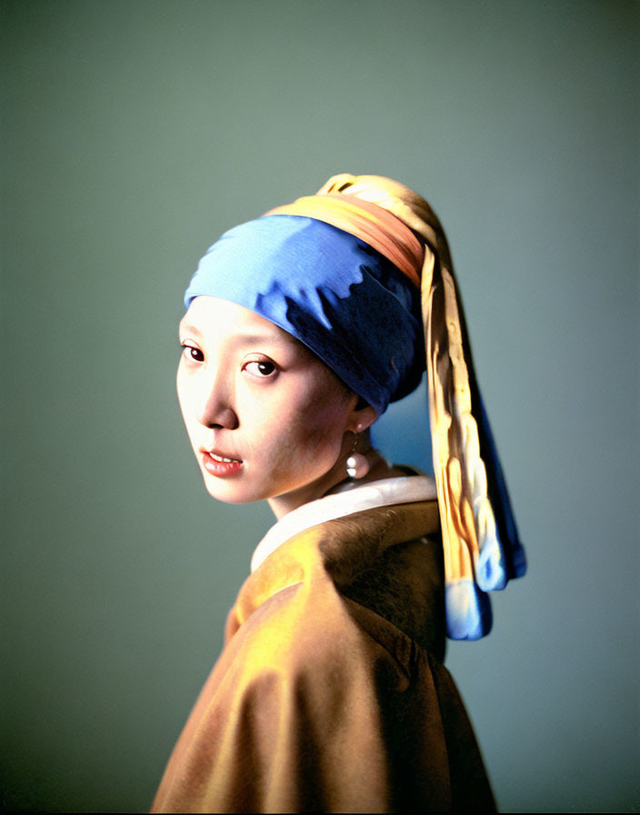 Woman recreates iconic painting with blue headscarf and pearl earring