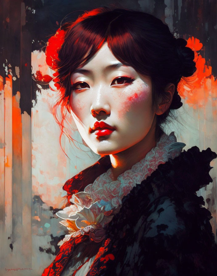 Asian woman portrait with contemplative gaze and red accents on gray backdrop.