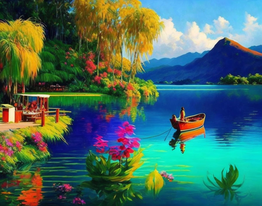 Serene lake painting with person in boat, lush foliage, flowers, willow trees, mountain.