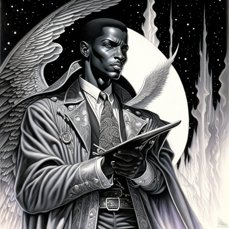 Dark-skinned angel in detailed coat with quill and book under full moon.