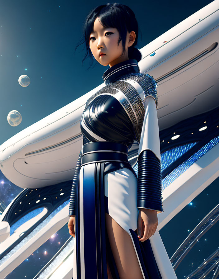 Futuristic character in space-inspired attire with spacecraft and planets.