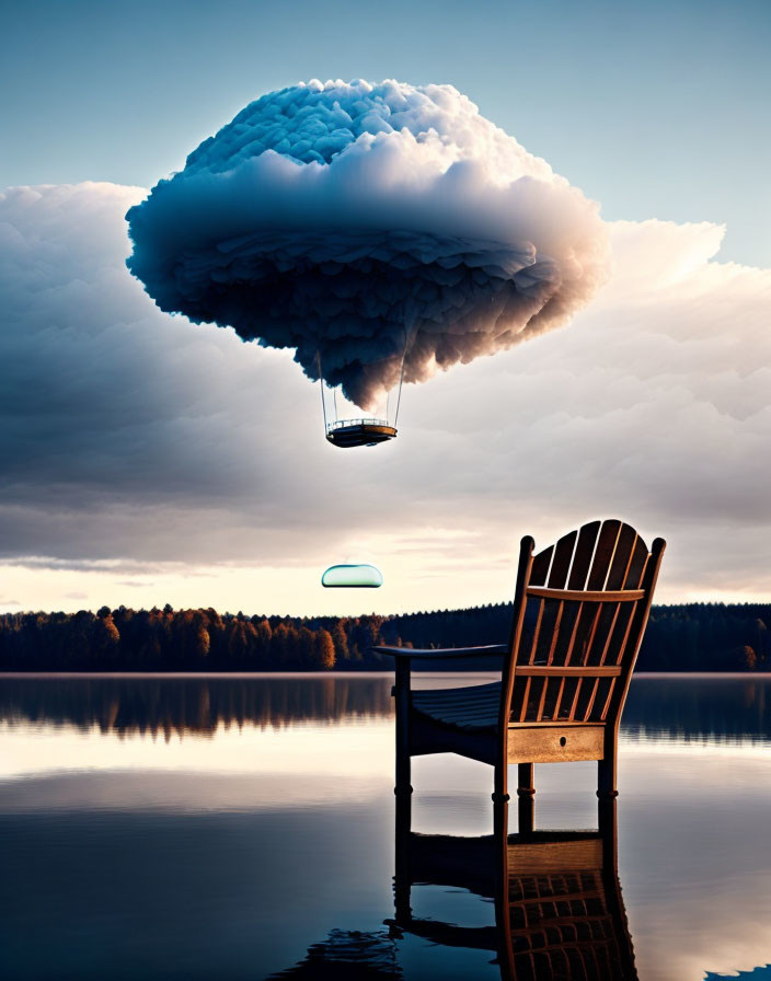 Surreal hot air balloon with cloud above lake and wooden dock