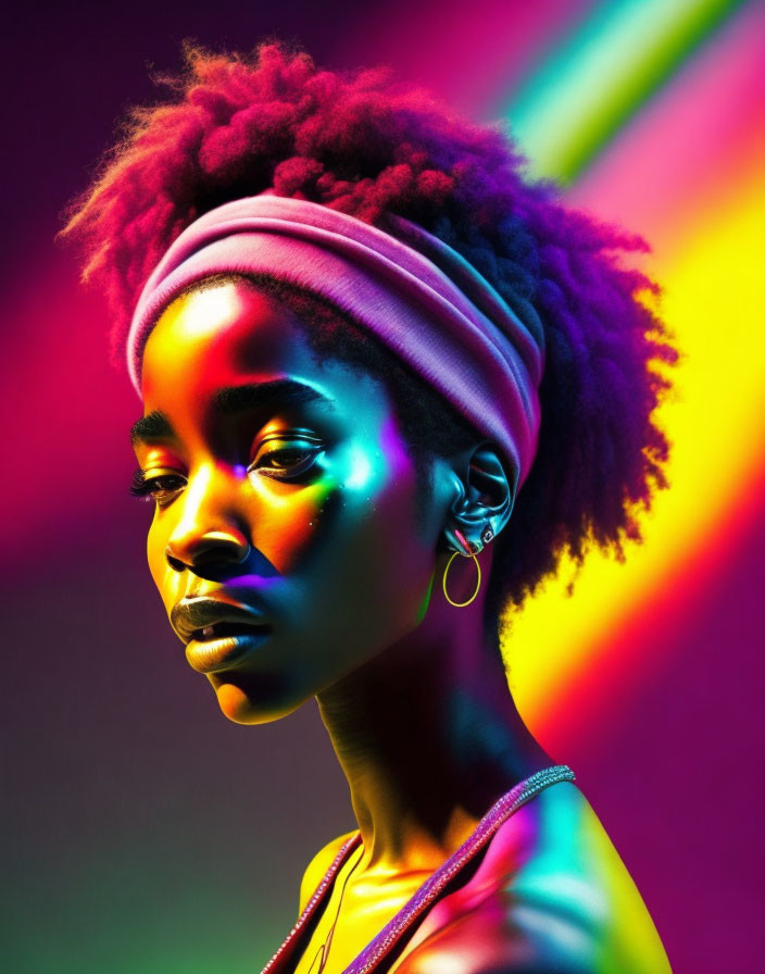 Vibrant neon rainbow background with woman in afro and headband