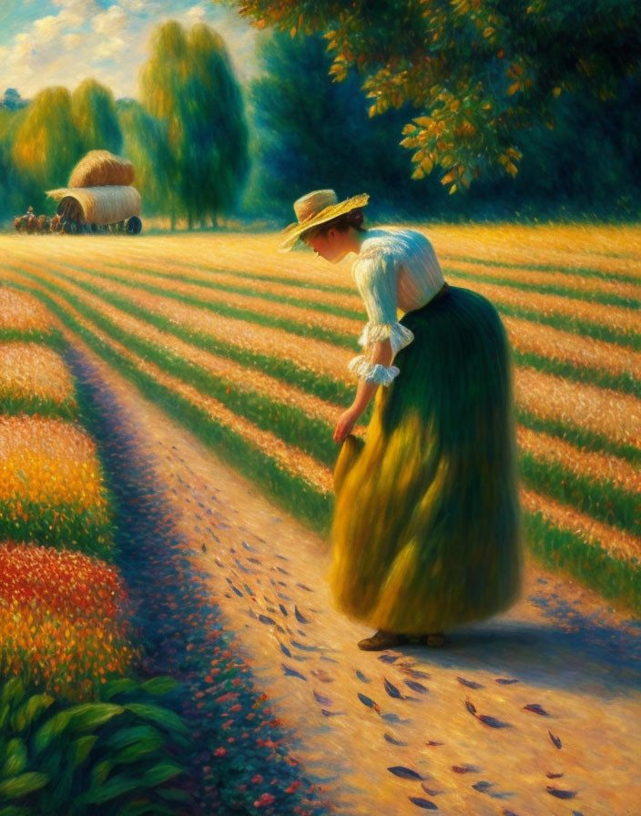 Woman in period clothing tending to crops in sunlit field