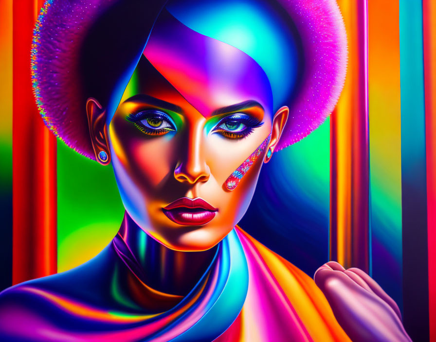 Colorful portrait of a person with striking makeup in vivid rainbow hues