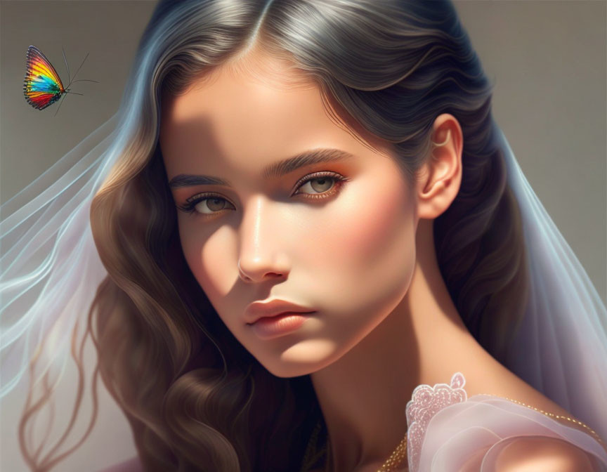 Detailed digital portrait of young woman with wavy hair and colorful butterfly.