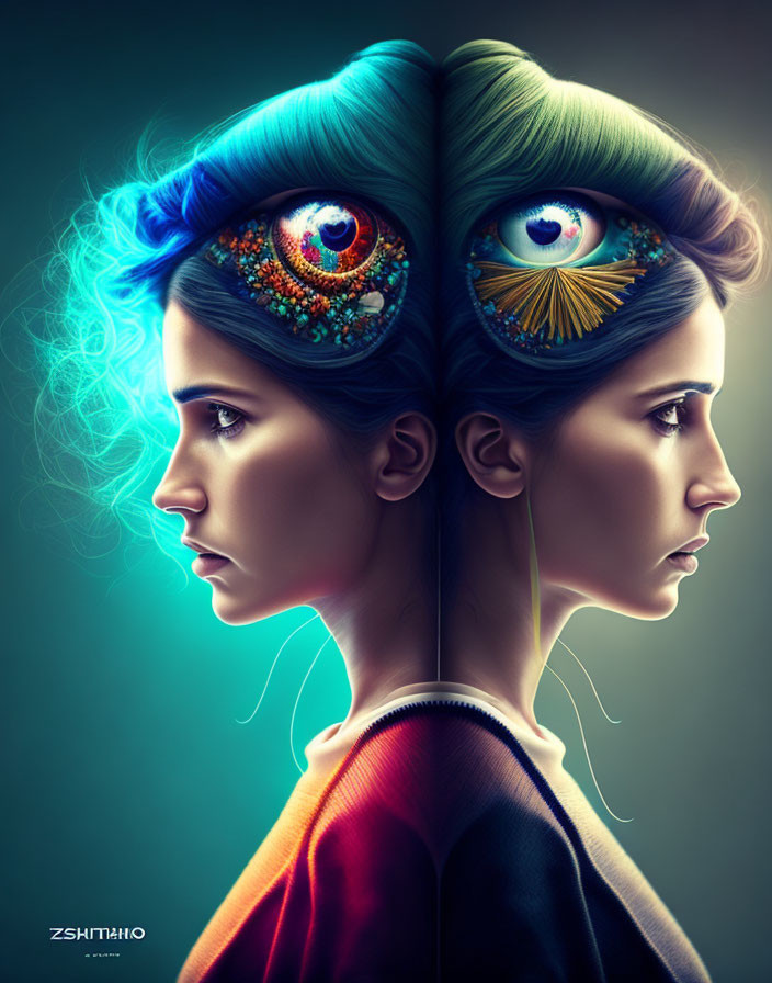 Surreal digital art: Two women with peacock feather eyes, one with blue highlights