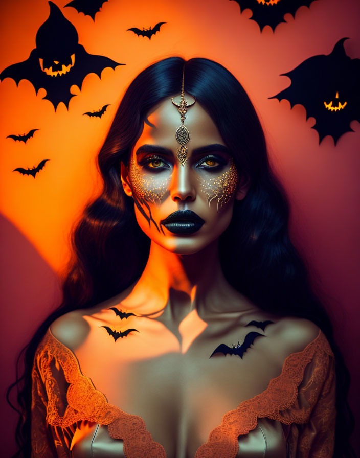 Woman with dark makeup and golden facial jewelry surrounded by bat silhouettes on orange backdrop