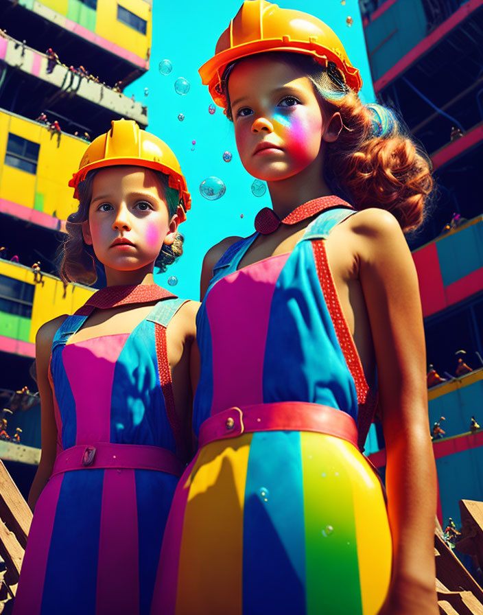 Children in colorful hard hats at construction site with bubbles