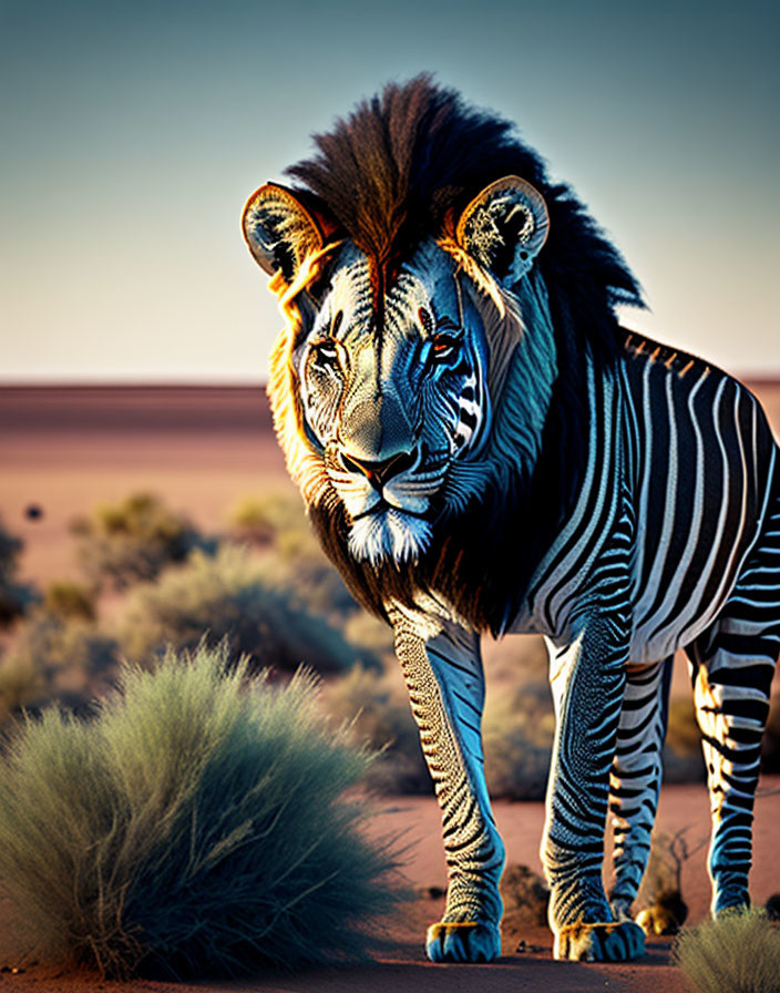 Surreal animal: lion-headed zebra body in desert