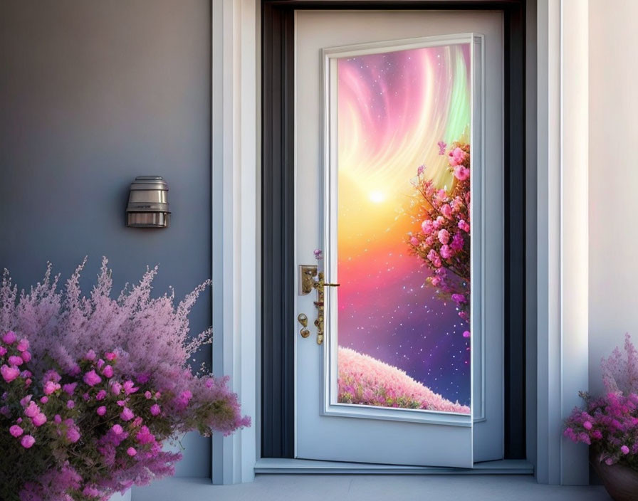 Doorway Reveals Vibrant Surreal Landscape: Pink Sky, Blooming Flowers, Starry Sunset