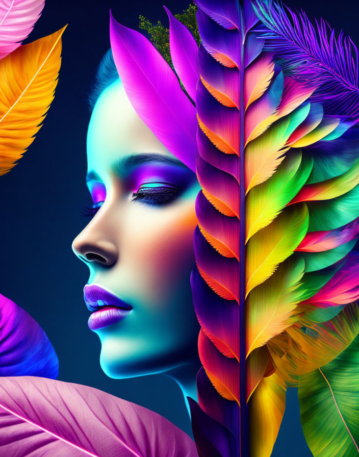 Side profile of woman with vibrant feathers and makeup on dark background