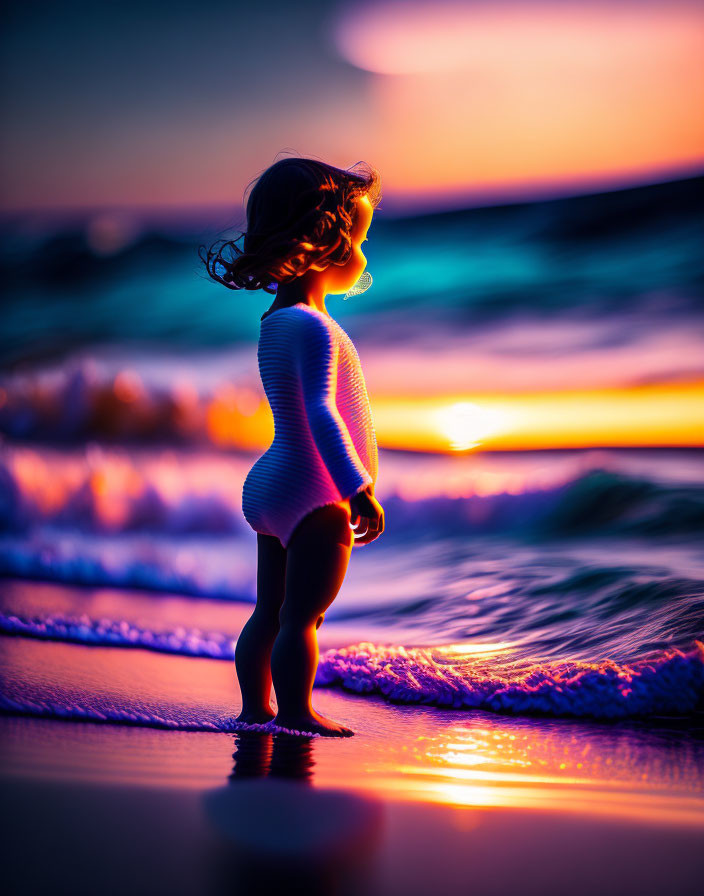 Toddler silhouette on beach at sunset with colorful sky