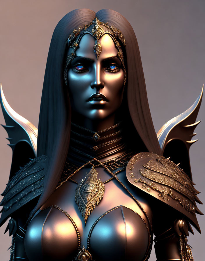 Female warrior 3D illustration with blue eyes and gold headpiece