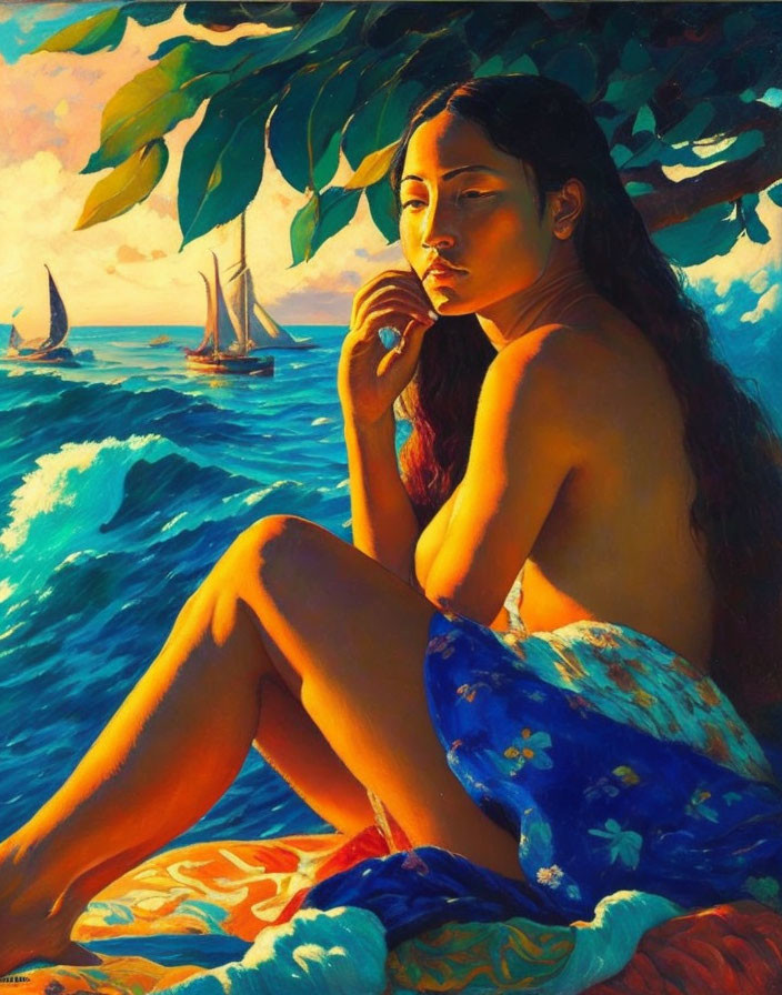 Pensive woman by the sea under tree with sailboats in distance