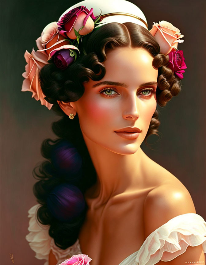 Digital portrait: Woman with dark hair, green eyes, flower headdress, gazing, warm background