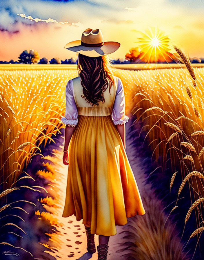 Woman in Yellow Dress Walking Through Golden Wheat Field at Sunset