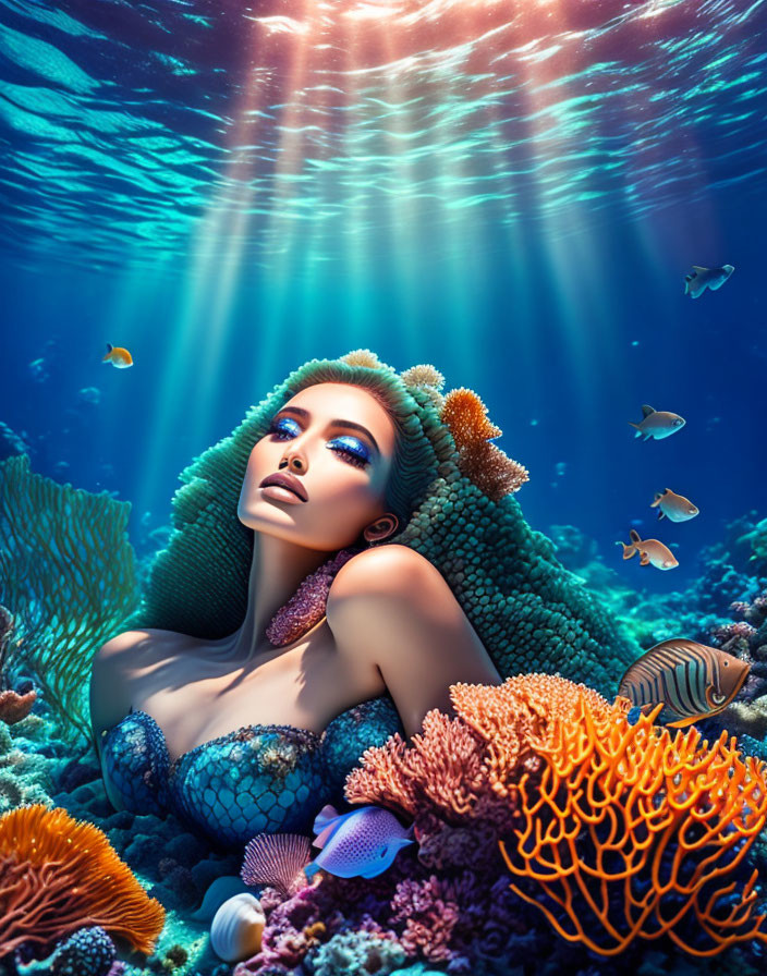 Woman submerged in vibrant underwater scene with coral and fish