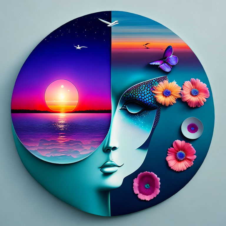 Circular Split Digital Artwork: Ocean Sunset & Floral Female Face Under Starry Sky