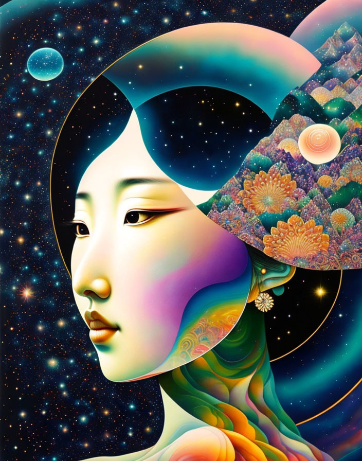 Colorful surreal portrait of a woman with cosmic and floral motifs on starry background