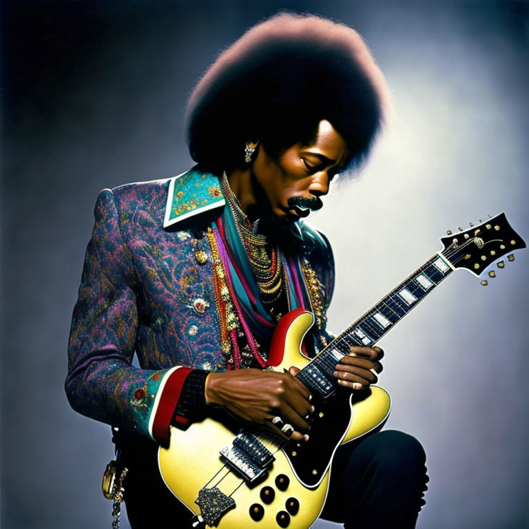 Afro person playing electric guitar in patterned jacket on gradient background