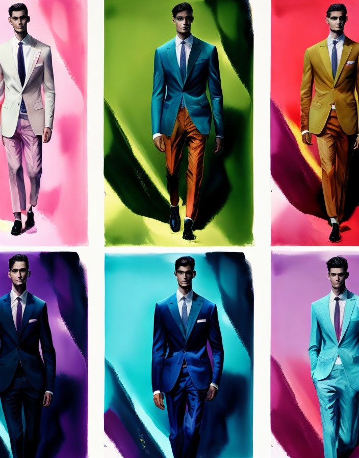 Male model in colorful suits on vibrant backgrounds