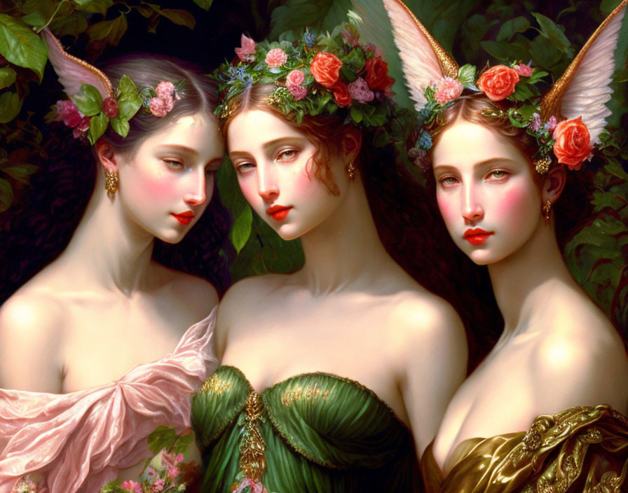 Three ethereal women with floral crowns and butterfly wings in a romantic, fantastical forest setting