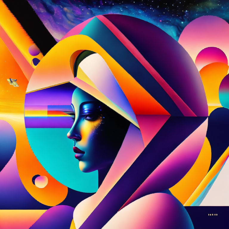 Vibrant digital artwork of woman's profile with geometric shapes and cosmic background