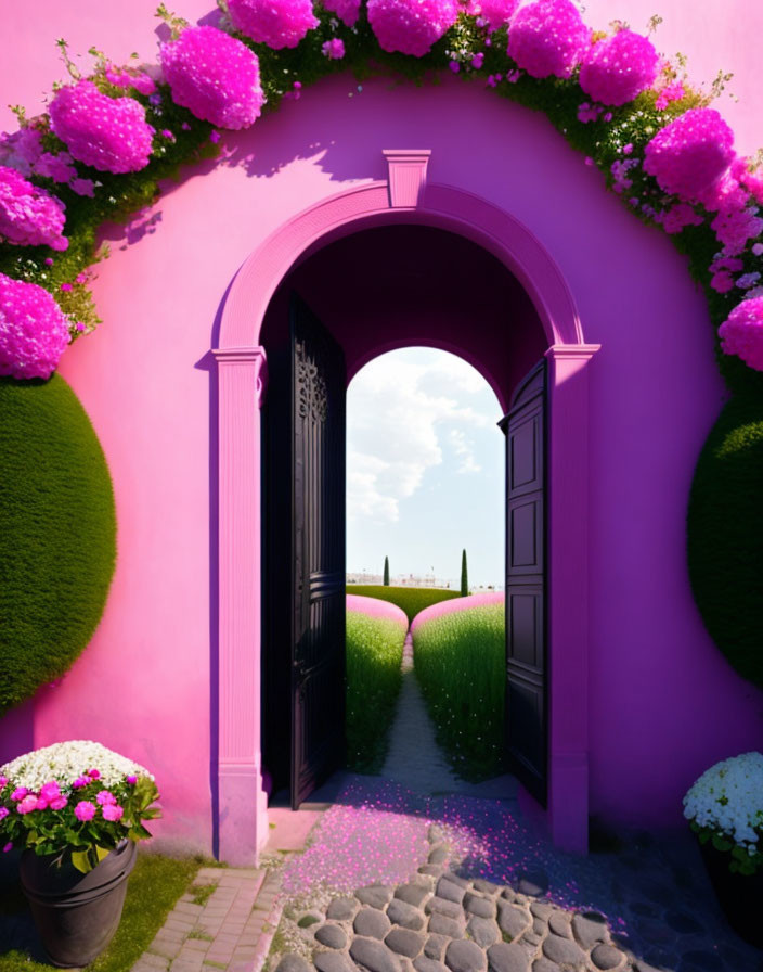 Pink archway leads to lush garden with cobblestone path