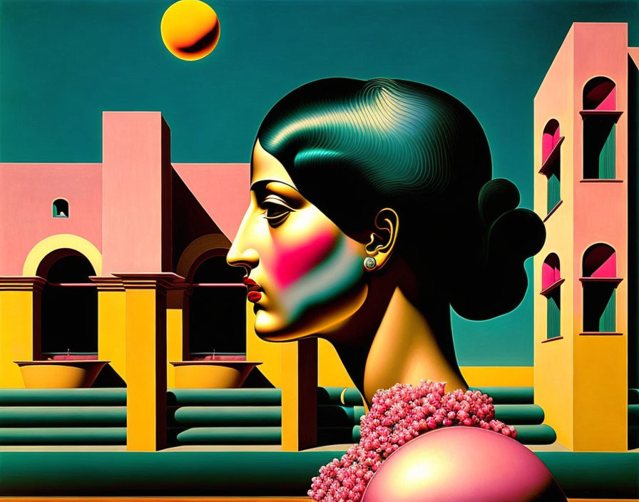 Colorful surreal artwork: stylized woman profile, abstract buildings, yellow sky orb