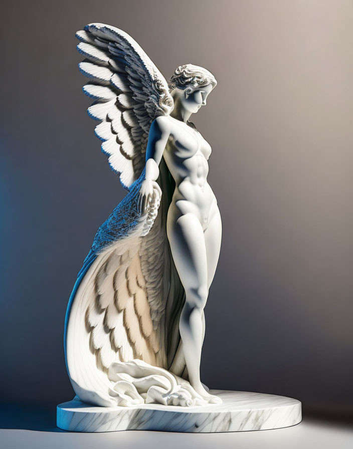 White Marble Angel Statue with Detailed Wings on Gradient Background