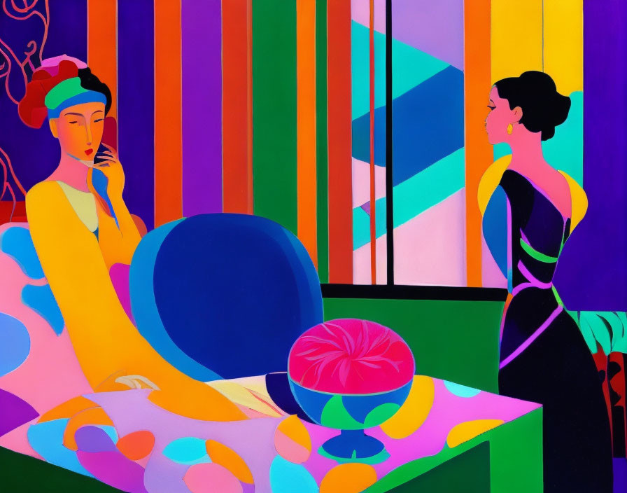 Colorful artwork: Two stylized women in vibrant room with fruit bowl and scenic view.