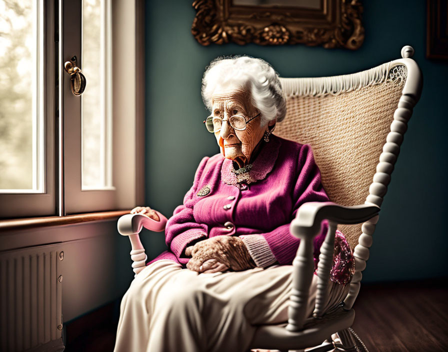 Elderly lady in white hair and glasses in pink cardigan by window