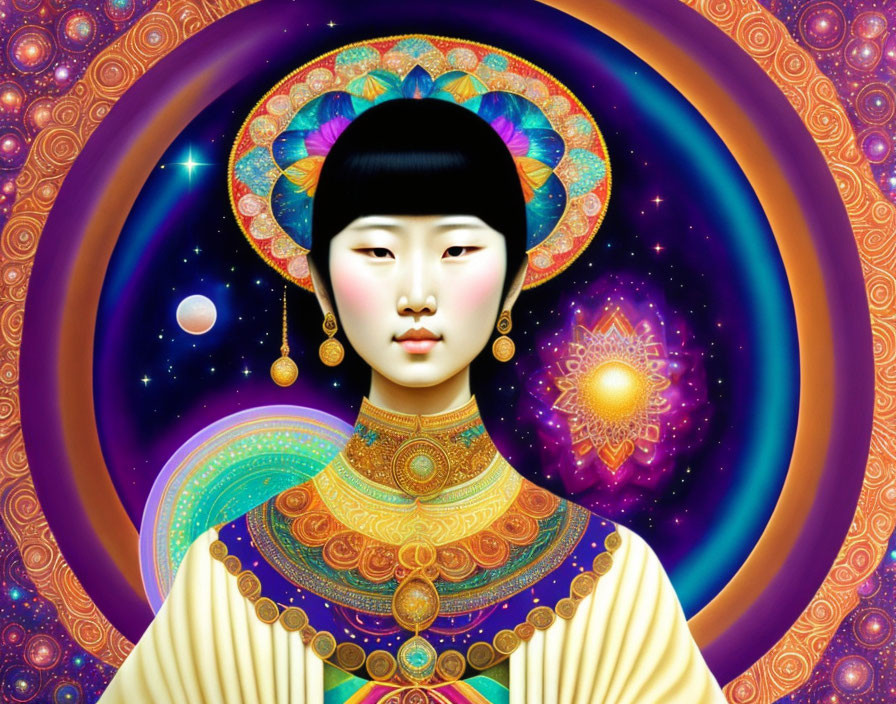 Digital Art: Woman with Asian Features in Cosmic Mandala Scene