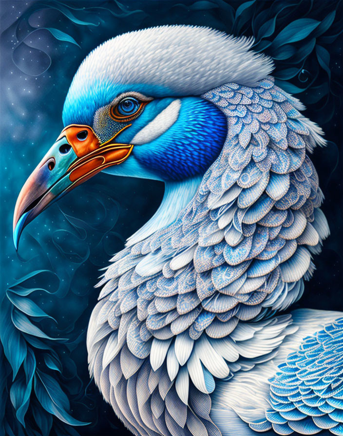 Colorful Bird Illustration with Blue and White Feathers and Orange Beak