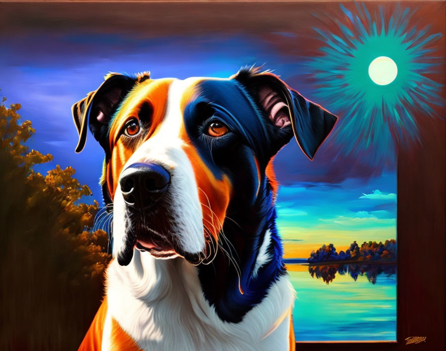 Tricolor dog painting in serene sunset landscape