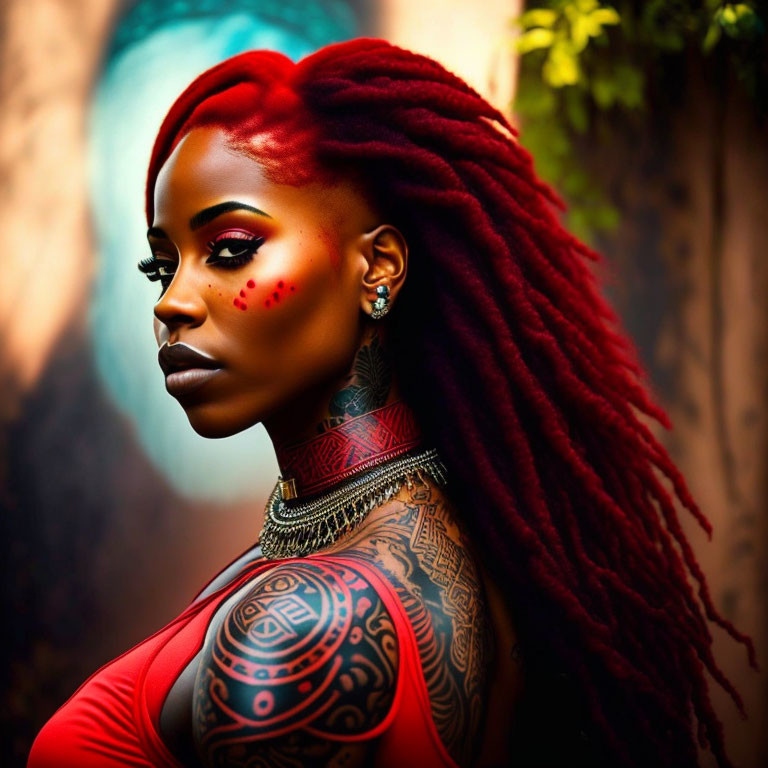 Woman with red dreadlocks and tribal tattoos in decorative face paint against natural backdrop