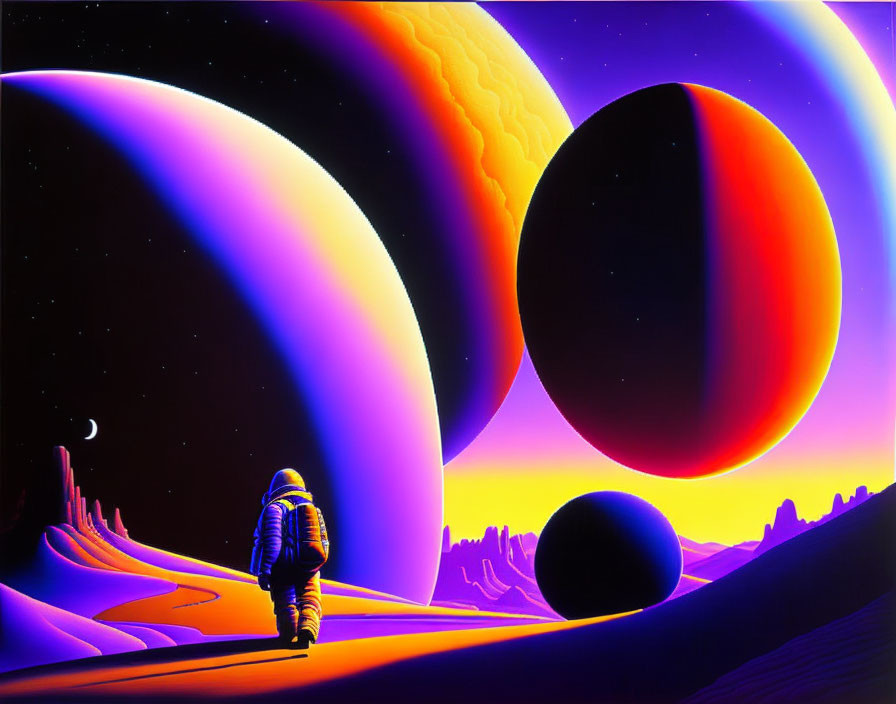 Astronaut exploring alien landscape with colorful planets and starry sky